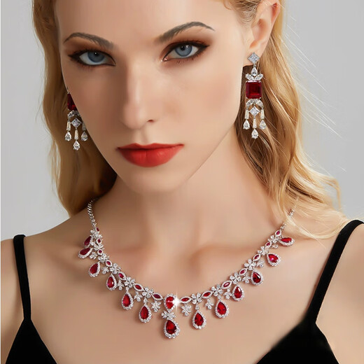 Muqian high luxury heavy industry French pigeon blood ruby necklace women's luxury diamond-encrusted high-end luxury red diamond necklace long necklace red diamond necklace about 40+5cm