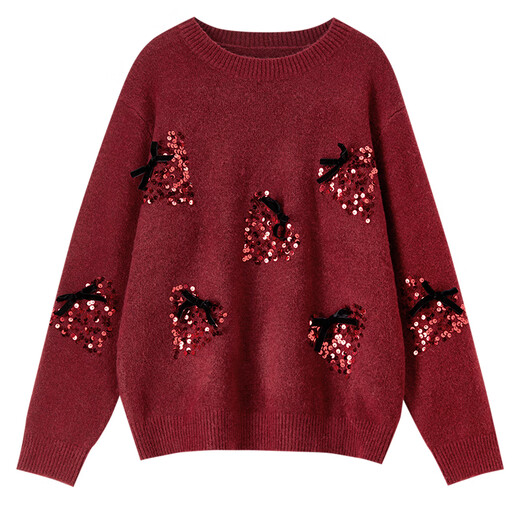 Shandubila New Year Red Sheep Wool Thick Sweater Women's Winter Warm Round Neck Sweater Age-Reducing Strawberry Sequins Loose Top