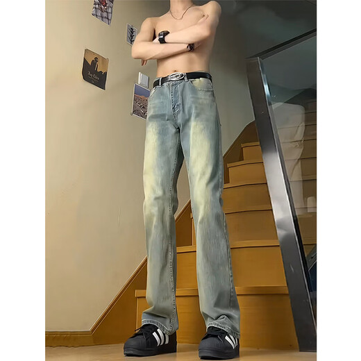 迪伽达美式高街cleanfit复古蓝牛仔裤男秋冬季直筒修身vibe裤子高腰微喇 GY-3026蓝色 XL