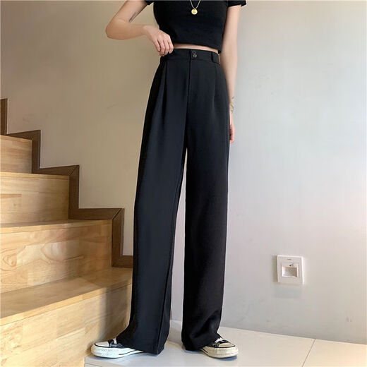 艾罗帝朗黑色西装裤女春秋薄款韩版高腰垂感显瘦直筒宽松阔腿拖地休闲长裤 1047#【黑色一纽扣款】 S 【建议94斤内穿】