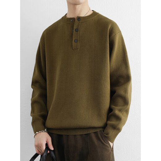 Gonggong sense button sweater men's autumn and winter new fashion men's American Henry collar sweater thickened warm wool sweater light mustard green M recommended 120Jin Jin equal to within 0.5 kg