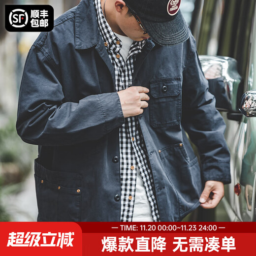 Madden Workwear French Hunting Jacket Men's Heavyweight Cotton Jacket Washed Distressed Casual Top Autumn Retro Men's Clothing Navy M