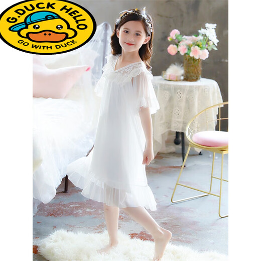 G.duck little yellow duck girls pajamas summer children thin short-sleeved lace modal nightgown little girl palace style parent-child JY1477 white long sleeve 120