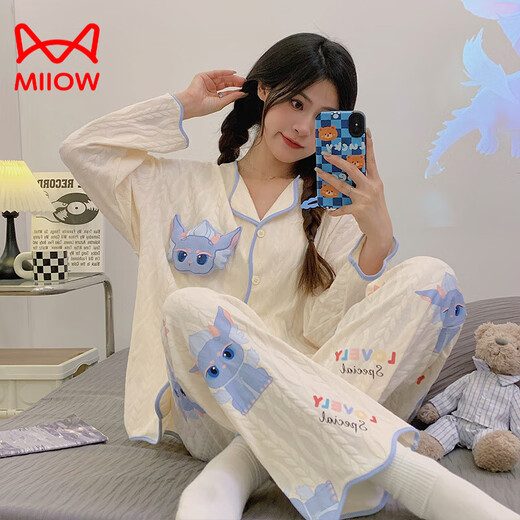 Cat Man (Miiow) Pyjamas en coton pur pour femmes au printemps et à l'automne nouveau pantalon à manches longues cardigan en vrac cariton doux caricatures mignons à la maison 9215 l [recommandée 100-120 Jin [Jin est égal à 0,5 kg]]]