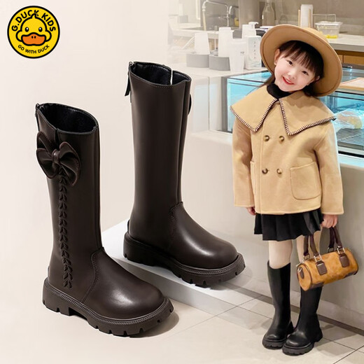 G.duck Little Yellow Duck Girls' Boots Children's High Boots 2025 Long Boots Autumn and Winter New Style Girls' Plush Leather Boots Princess Style Black Single Shoes 27 Inner Length 16.8 cm