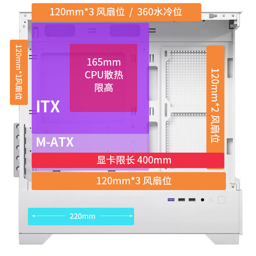 爱国者W60 海景房机箱 360水冷MATX台式电脑主机台式机无立柱全景房 白色【40CM显卡限长】