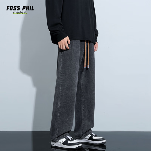 Foss Phil牛仔裤子男士春夏季宽松阔腿直筒裤子休闲裤838黑灰XL
