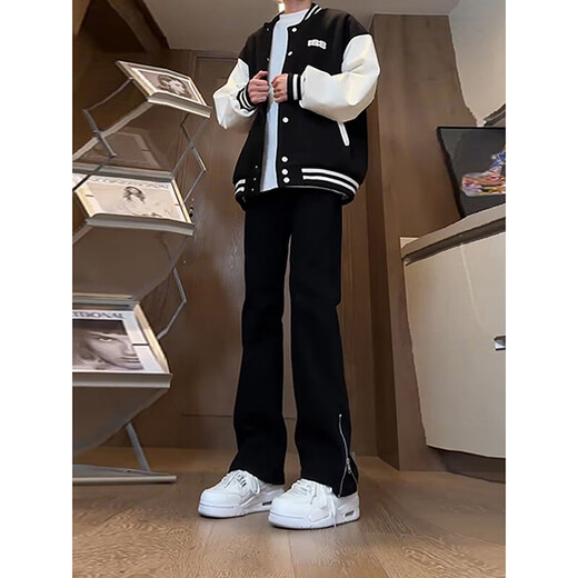 
7 high-quality black side zipper jeans men's summer tall American high street vibe pants casual workwear micro-flare pants DFFS-724 black M