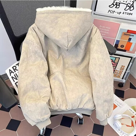 Yiran presents winter velvet thickened hooded cotton coat for men, old American high street retro youth sports warm trendy brand cotton coat, gray apricot L recommended 120-135 Jin Jin equals 0.5 kg