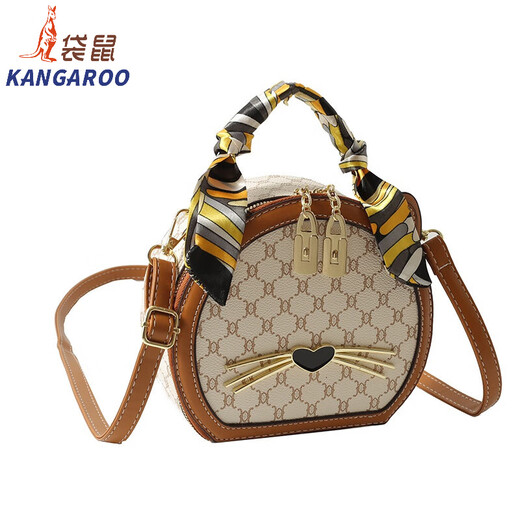 袋鼠（KANGAROO）千鸟格小圆包2024新款时尚百搭感小众圆形包手提斜挎小包包 KJ米白