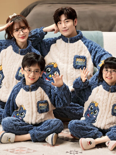 亲子睡衣冬季加厚一家四口新款恐龙珊瑚绒父子母女儿童套装家居服 Y-3899字母棕熊【连帽拉链款】 女XL码165~170CM约120-140斤
