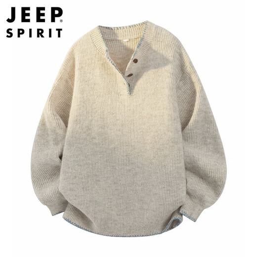 JEEP SPIRIT Jeep American style lazy style sweater men's autumn and winter Henley collar casual sweater jacket oatmeal gray L