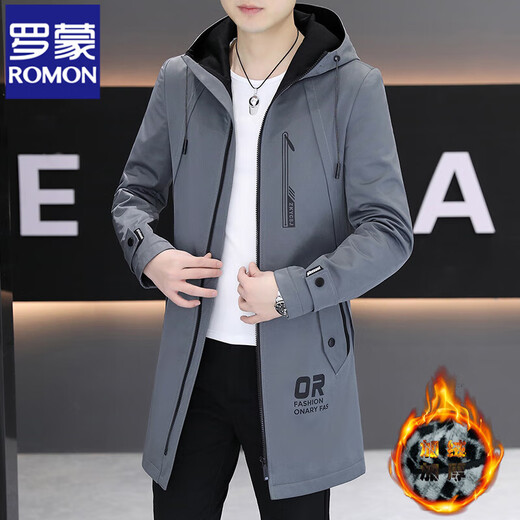 ROMON windbreaker men's mid-length 2025 autumn and winter new velvet coat slim and handsome windbreaker cotton jacket casual trendy brand K70 gray velvet velvet 2XL recommended 145-160Jin Jin is equal to 0.5 kg