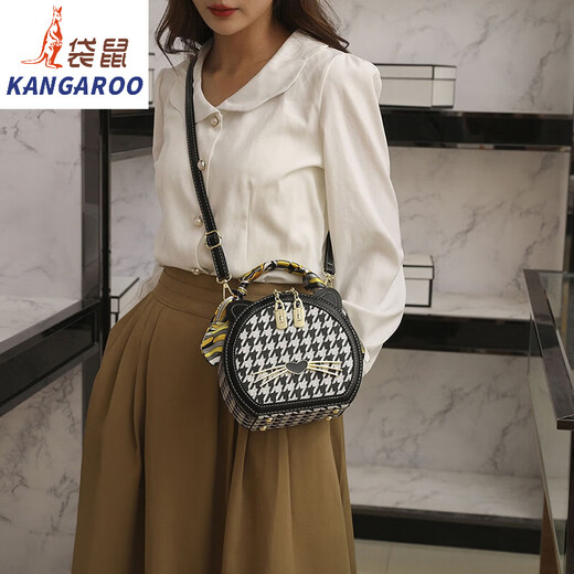 袋鼠（KANGAROO）千鸟格小圆包2024新款时尚百搭感小众圆形包手提斜挎小包包 KJ米白