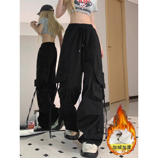 麦娅洛女款工装裤秋冬厚款美式复古子女季新款加绒加厚hiphop爵士舞阔腿 加绒 6197黑色加厚 M