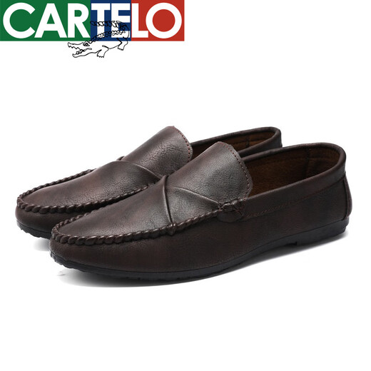 卡帝乐鳄鱼（CARTELO）男鞋2025新款春秋韩版潮一脚蹬皮鞋真皮懒人圆头豆豆鞋休闲皮鞋男 D829黑色 39