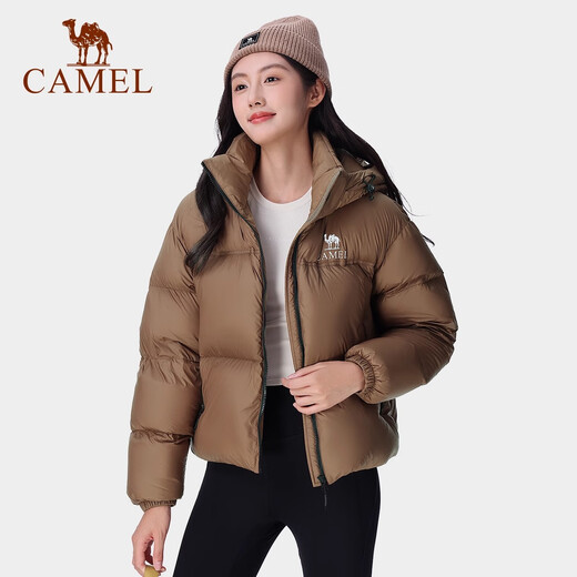 骆驼（CAMEL）黑钻系列短款羽绒服女装冬新款保暖防风连帽羽绒外套面包服 724CA6B601，白玉粉，女 M M
