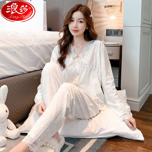 浪莎（LangSha）轻奢公主风睡衣女长袖春秋冬季新款金丝绒加厚蕾丝花边家居服套装 HT#9926树皮纹花边黄 M 【75-95斤】