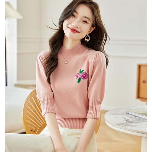 Shexi (Srcr) pure wool sweater small short embroidered sweater for women elegant age-reducing half turtleneck mid-sleeve bottoming sweater