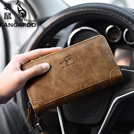 
Kangaroo (KANGAROO) boutique men's clutch bag long wallet simple large capacity wallet casual handbag new zipper men's double bag black