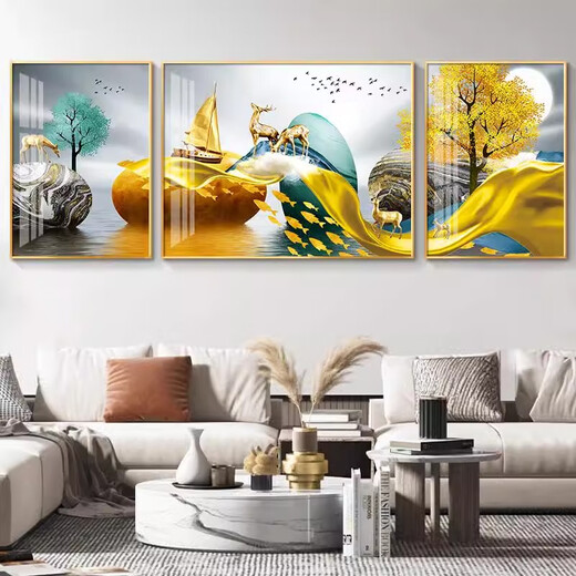 Sanqihu maßgeschneidert für leichte Luxus Wohnzimmer Dekoration Malerei Sofa Hintergrund Wandmalerei Mural Malerei Fulu Landschaft Triptycharchatchatmosphärische HJ-3893-Smooth Segel für 2-2,5 Meter Sofa 40*60 m auf beiden Seiten geeignet