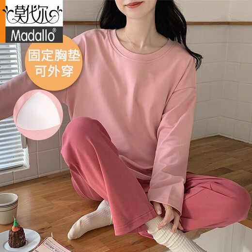 El pijama modal con almohadilla en el pecho para mujeres, primavera y otoño de algodón de manga larga de cuatro estaciones contra la exposición se puede usar fuera de ropa para el hogar.