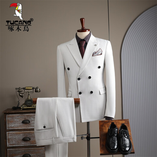 Woodpecker (TUCANO) double-breasted striped suit men's suit casual groom wedding dress business slim suit suit men 6831 black stripes (suit + trousers) 52/XL (125-135Jin Jin equals 0.5 kg)