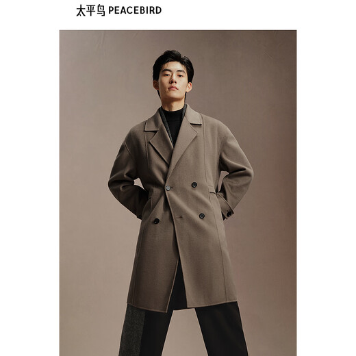 PEACEBIRD Men's Lenzing Tencel Double-sided Woolen Coat Men's Mid-Length Winter Wool Jacket Khaki First Batch M