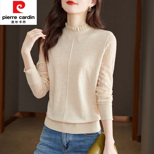 皮尔卡丹（pierre cardin）春秋薄款长袖针织衫女短款秋冬2025新款内搭蕾丝打底衫半高领上衣 1396米色 XL 【120-135斤】