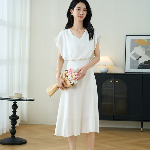 
Misiyang 2024 summer new simple high-end elastic double-joe dress waist-hugging mulberry silk A-line skirt 3291 pearl white L