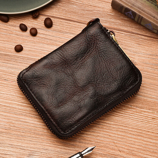 Mu Xiaobai, Herren echte Leder -Brieftasche Reißverschluss, kurze vertikale Brieftasche, kompaktes handgefertigtes pflanzliches, reine obere Schicht Cowhide und Retro, dunkelbraun