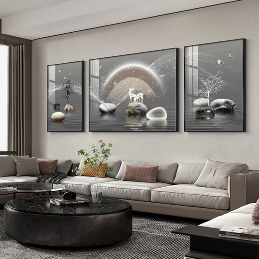 
Chengzi's high-end sofa background wall decoration paintings, light luxury high-end living room hanging paintings, elk triple paintings, murals, atmospheric wall paintings, K11972, 50*70 left and right 90*70 crystal porcelain metal black frame