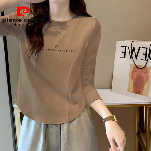 Pier Cardin Spring and Autumn 2025 Pure 1 Cotton Shoulder White Long Sleeve T-shirt for Women Irregular Slim Inner Base Shirt Short Top 801-688 White XL