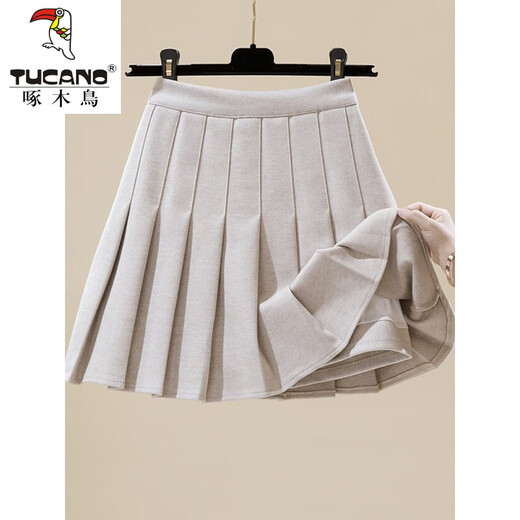 Woodpecker 2025 Autumn and Winter New Woolen Skirt Women's High Waist Slim College Style Pleated Skirt Thickened A-Line Short Dark Gray (Woolee Material) L