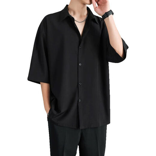 百鹊亭短袖衬衫男夏季薄款冰丝速干宽松外套男加肥加大休闲五分袖衬衣服 C975黑色 3XL