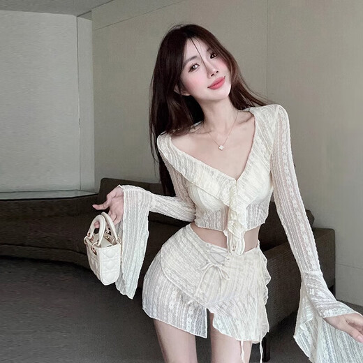 Qiaoyi bikini swimsuit female sexy three-piece suit Internet celebrity new same style beach hot spring small breast push-up steel support white bikini three-piece suit 80Jin Jin is equal to 0.5kg -120Jin Jin is equal to 0.5kg