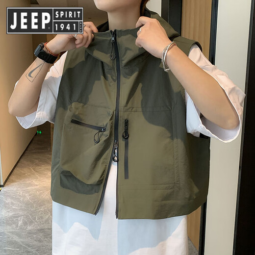 Jeep Spirit Jeep Sommer Kapuze -Weste Japaner Retro Fashion Lose Trendy Brand Evergrande Hip Kapuze arbeiten ärmellose Weste außerhalb schwarzer XL