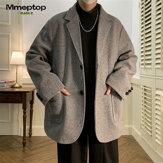 MMOPTOP short suit loose woolen coat men's winter coat Korean style loose thickened MDY01 gray XL
