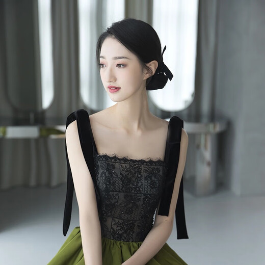 王艾莉蛋糕裙设计敬酒服新娘吊带复古绿年会宴会艺考主持人晚礼服 S