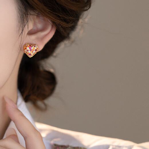 DL 1998 Fat Donglai same style gemstone earrings colorful treasure temperament purple red colorful love zircon for women small exquisite fashion small exquisite full diamond love earrings / 925 silver needle pair