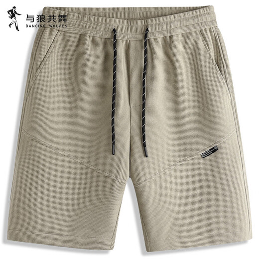 与狼共舞男装【华夫格】休闲短裤男2025夏季新款松紧腰抽绳宽松五分裤4013 卡其701 XS (160)