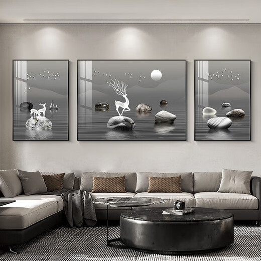
Chengzi's high-end sofa background wall decoration paintings, light luxury high-end living room hanging paintings, elk triple paintings, murals, atmospheric wall paintings, K11972, 50*70 left and right 90*70 crystal porcelain metal black frame
