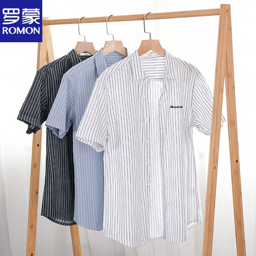 ROMON high-end men's striped shirt short sleeve loose summer thin casual casual versatile cotton shirt summer clothes 9738 black stripes M 100Jin [Jin equals 0.5 kg] about