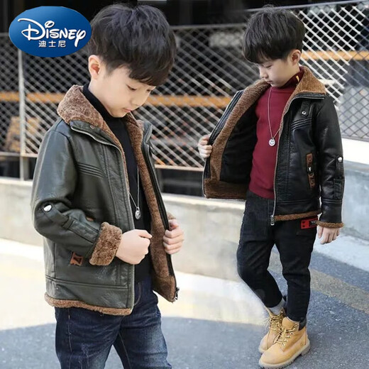 Disney (Disney) Boys Leather Clothing Autumn and Winter 2024 New Handsome Plush Jacket to Keep Cold and Warm Autumn and Winter 7 Jacket 8 Western Style Black Leather Jacket 130