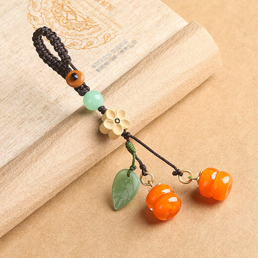 Jingyuange Retro-Kaki im chinesischen Stil Ruyi glasierte Kaki-Handy-Auto-Schlüsselanhänger-Anhänger U-Disk-Tasche Handy-Lanyard Gute Kaki im Paar + Pflaumenblüte-Gelbe Kaki (Schlüsselanhänger-Typ)