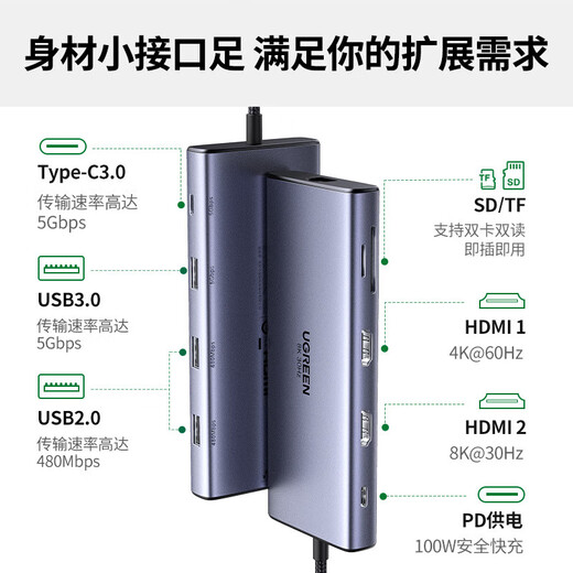 Зеленая сеть (UGREEN) CM639 TYPE-C Dock Dock 9-в-1 4-экрана различных дисплеев Dual HDMI 8K 15534 15602 15770 CM639-45108 Typec Расширение Док 9-в-1