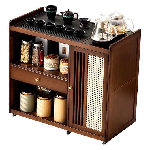 Trojan Mobile Tea Table Home Small Tea Table Bamboo Tea Cart Tea Table Tea Set Automatic Kettle Integrated Tea Cabinet Black Gold Stone Panel Brown-80 Long Single Drawer Single Door + Tea Making Appliances + Tea Set