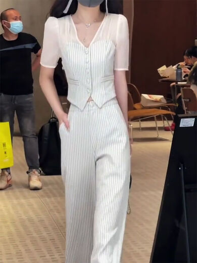 良蜓职业女装高端套装高级感夏季款休闲条纹时尚单女v领拼接上衣洋气 条纹装 2XL 建议130-145斤