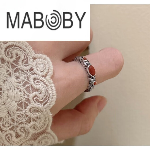 MABOBY Southern Red Ring Zodiac Year Ring Mongolian Element Turquoise Jewelry Ethnic Style Retro Made Mongolian Element Red Ring