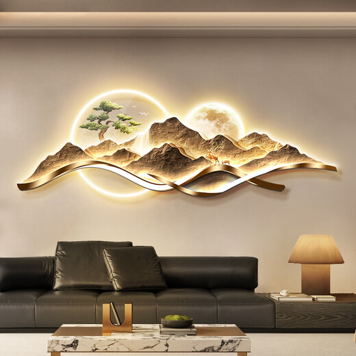 旭伶现代轻奢客厅装饰挂画背靠金山大气山水画沙发背景墙面壁画高级感 E款背有靠山 21070cm人体感应灯画接电源220V